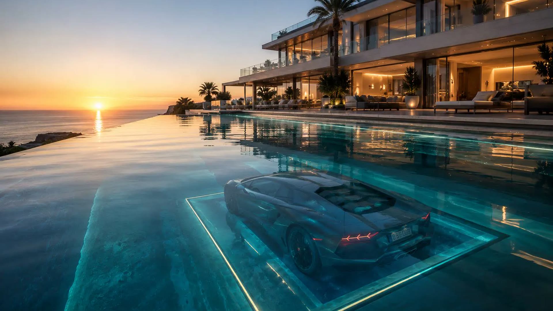 Piscina y coche de lujo